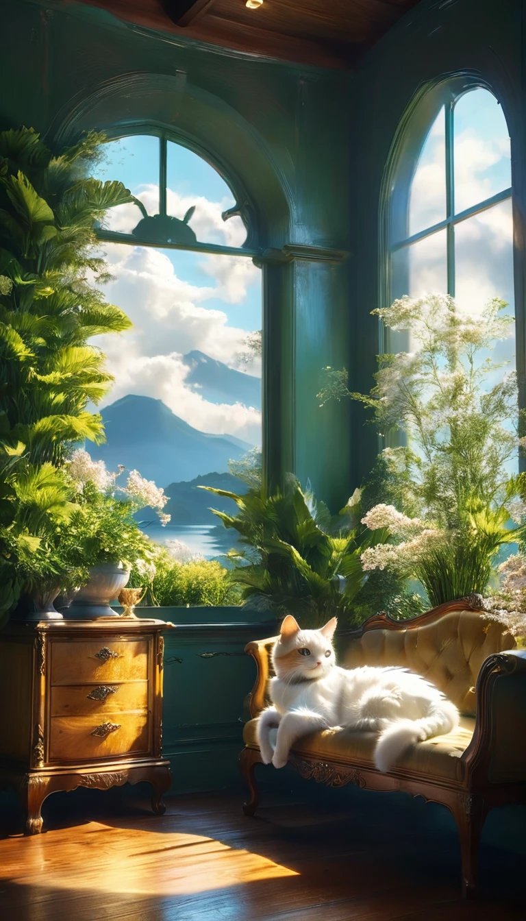 bigきな窓から雲がかかった夕方の楽園の眺めが楽しめる、Golden Hour、Create a tranquil scene with a cat in a cozy room。, 4Kと8Kの解像度in非常に詳細なデジタルアートinレンダリング, Uses Octane、Inspired by the Romantic style. This concept art is sure to be a masterpiece of official illustration, Combining realism with sacred elements、Achieving the highest quality.

The room is warm, wooden interiors with Luxury furniture, Create a cozy and inviting atmosphere. big, An arched window occupies one wall., Surrounded by elegant drapes gently swaying in the breeze. Through the window, Mysterious, I see a paradise covered in clouds, Soft, Golden Light.

outside, The breathtakingly beautiful scenery、The area is covered with lush green hills.。, Bright green and shiny, Blooming Flowers. The sky is dark, Fluffy Clouds, 端が神聖な光in輝いている. Clouds move slowly, Creating ever-changing patterns of light and shadow over Paradise.

In the foreground, The quiet pond reflects the light of the heavens, Delicate, Glowing plants and ancient, 雄bigな木々. Mysterious生き物, Realistic and imaginative, Walking gracefully through the garden, Add a sense of wonder and serenity.

This composition is、Cozy interior of the room、雲に覆われたoutsideの楽園の息を呑むような景色を捉えています。. Rendering with Octane、Highlights the texture of wooden interiors, Luxury furniture, And the light of heaven, Create stunning realism and fantasy scenes.

All elements, 家具の精巧な彫刻からoutsideの輝く花まin, 鮮やかin没入感のある体験を創り出すために細心の注意を払って作られています. This digital artwork is、It embodies the serene imagination and perfect composition envisioned by artists such as Caspar David Friedrich and J. Mozart.。.Meters.in. Turner, A true masterpiece.