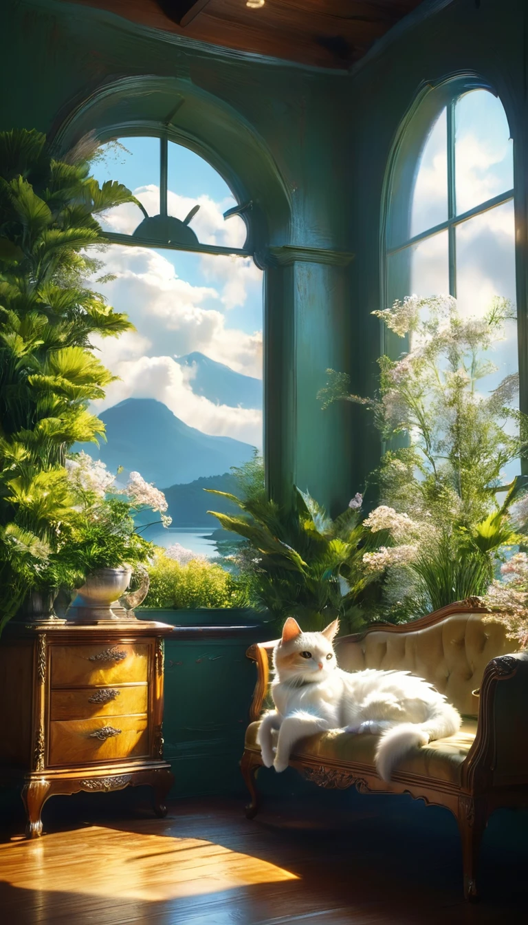 bigきな窓から雲がかかった夕方の楽園の眺めが楽しめる、Golden Hour、Create a tranquil scene with a cat in a cozy room。, 4Kと8Kの解像度in非常に詳細なデジタルアートinレンダリング, Uses Octane、Inspired by the Romantic style. This concept art is sure to be a masterpiece of official illustration, Combining realism with sacred elements、Achieving the highest quality.

The room is warm, wooden interiors with Luxury furniture, Create a cozy and inviting atmosphere. big, An arched window occupies one wall., Surrounded by elegant drapes gently swaying in the breeze. Through the window, Mysterious, I see a paradise covered in clouds, Soft, Golden Light.

outside, The breathtakingly beautiful scenery、The area is covered with lush green hills.。, Bright green and shiny, Blooming Flowers. The sky is dark, Fluffy Clouds, 端が神聖な光in輝いている. Clouds move slowly, Creating ever-changing patterns of light and shadow over Paradise.

In the foreground, The quiet pond reflects the light of the heavens, Delicate, Glowing plants and ancient, 雄bigな木々. Mysterious生き物, Realistic and imaginative, Walking gracefully through the garden, Add a sense of wonder and serenity.

This composition is、Cozy interior of the room、雲に覆われたoutsideの楽園の息を呑むような景色を捉えています。. Rendering with Octane、Highlights the texture of wooden interiors, Luxury furniture, And the light of heaven, Create stunning realism and fantasy scenes.

All elements, 家具の精巧な彫刻からoutsideの輝く花まin, 鮮やかin没入感のある体験を創り出すために細心の注意を払って作られています. This digital artwork is、It embodies the serene imagination and perfect composition envisioned by artists such as Caspar David Friedrich and J. Mozart.。.Meters.in. Turner, A true masterpiece.