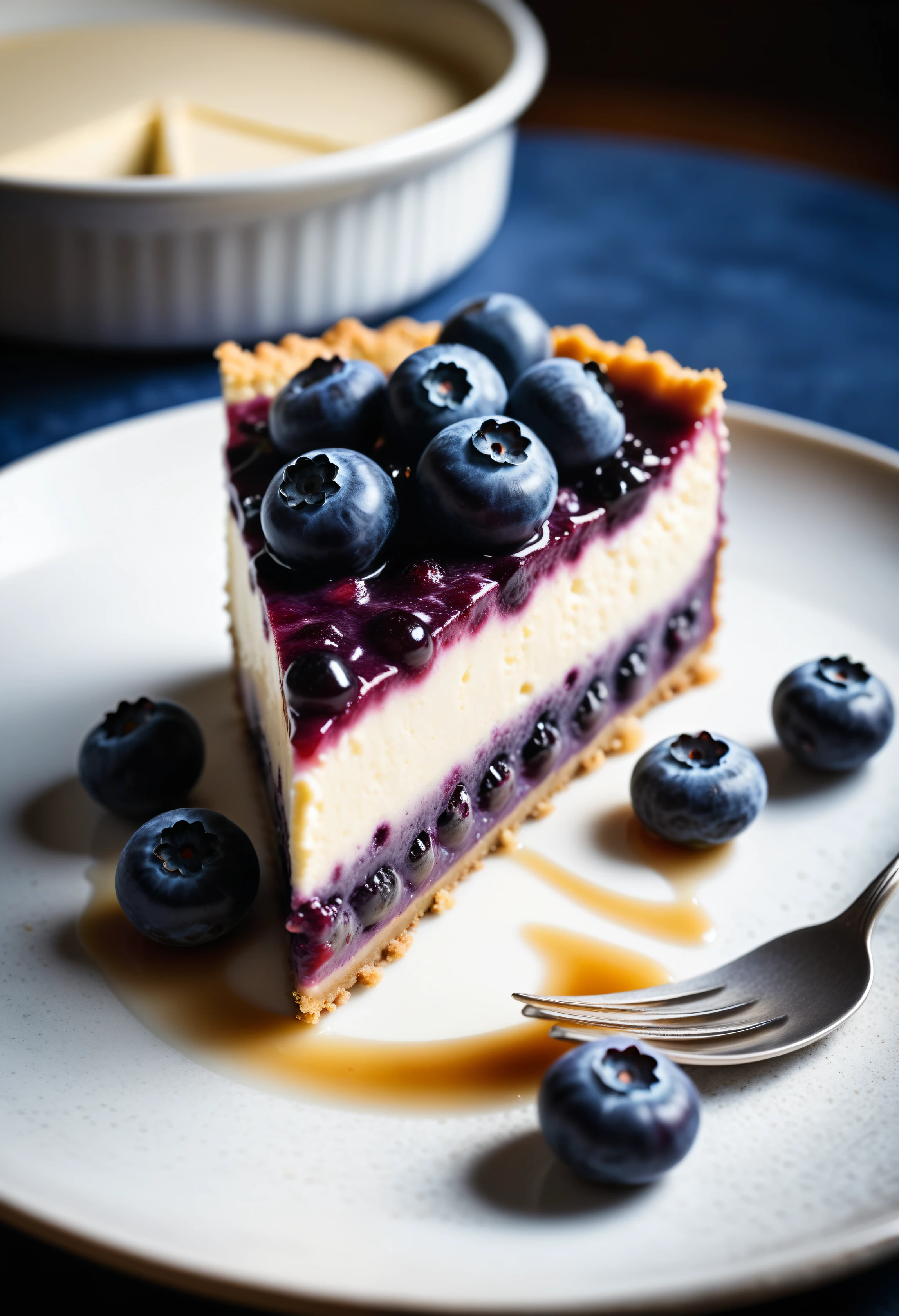 Documentary RAW Photography,a Blueberry Cheesecake, highlighting its exquisite, lacy texture and impeccable balance. The composition should evoke an irresistible urge to taste, with every detail crafted to inspire both amateur and seasoned cooks, (sharpness in detail:1.1), masterpiece, 35mm photograph, (iconic photograph:1.4), (visual storytelling:1.2), film grain, award winning photography,vibrant use of light and shadow, high quality textures of materials, volumetric textures perfect composition, dynamic play of light, rich colors, epic shot, perfectly quality, natural textures,high detail, photoshadow, (natural colors, correct white balance, color correction, dehaze),(intricate detailed), 8k