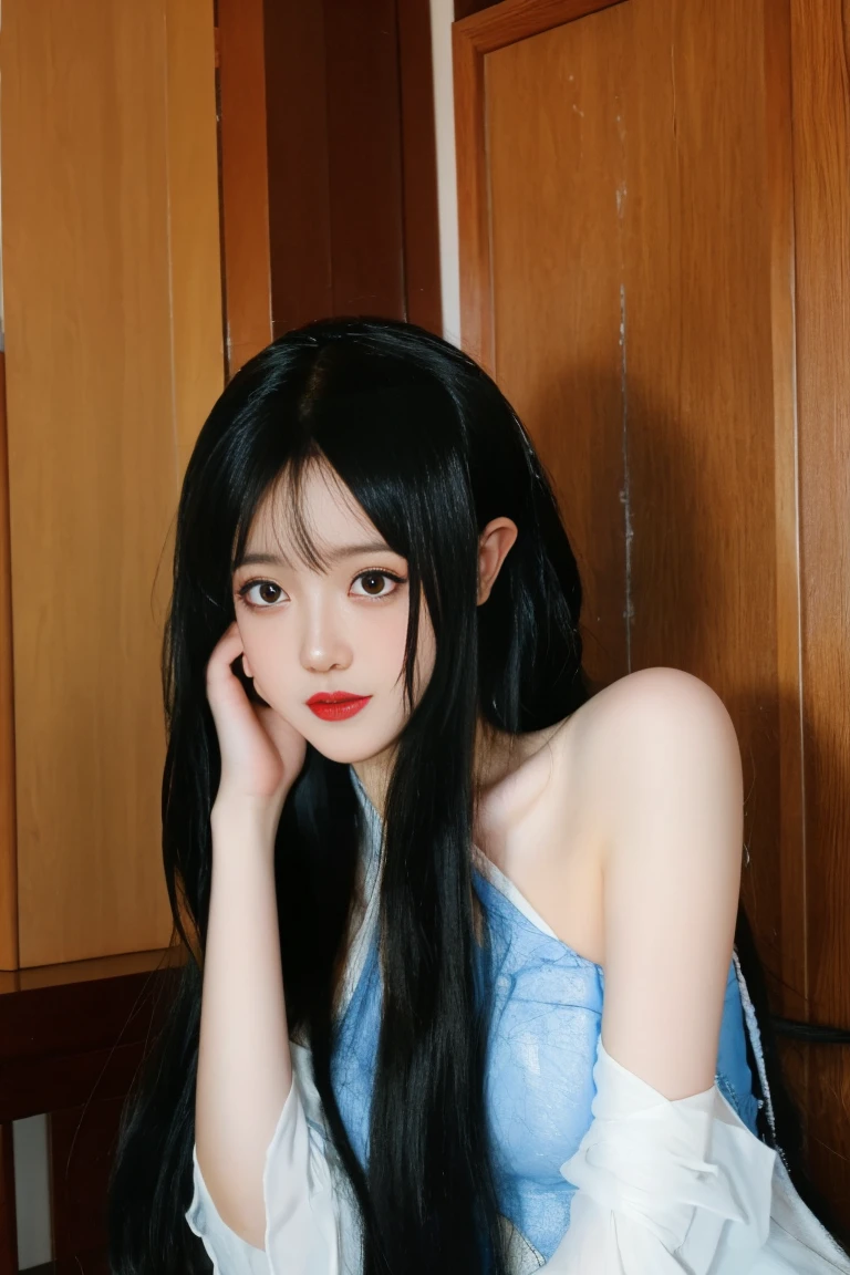 best quality, tmasterpiece,Ultra-high resolution,Clear face,(Reality:1.4),ferpect lighting,(upper body photo), (photorealistic:1.50), anime wallpaper, Guviz style artwork, cover-up fantasy up to magic , by Yang J, Guviz, beautiful artwork illustration, beautiful digital artwork, beautiful digital illustration, Li Song, beautiful anime portrait, art style in Beauvot, black nightgown, see-through, yinziping,1girl, anklet, dress, black hair, sitting, Chinese dress,