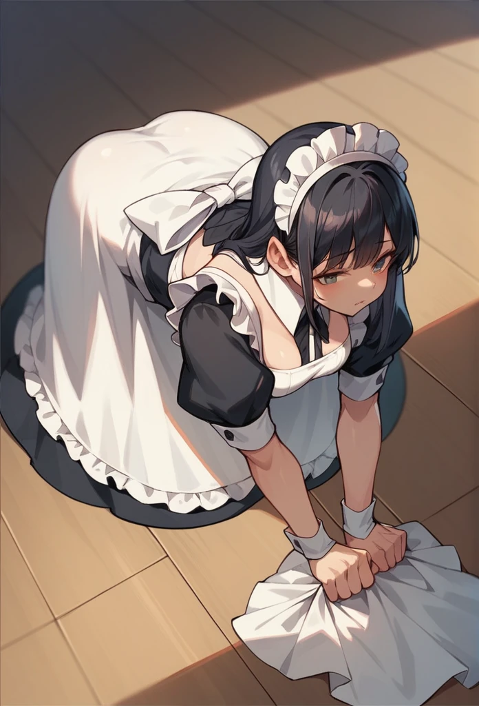 A beautiful maid is cleaning, bending over the floor, dark hair