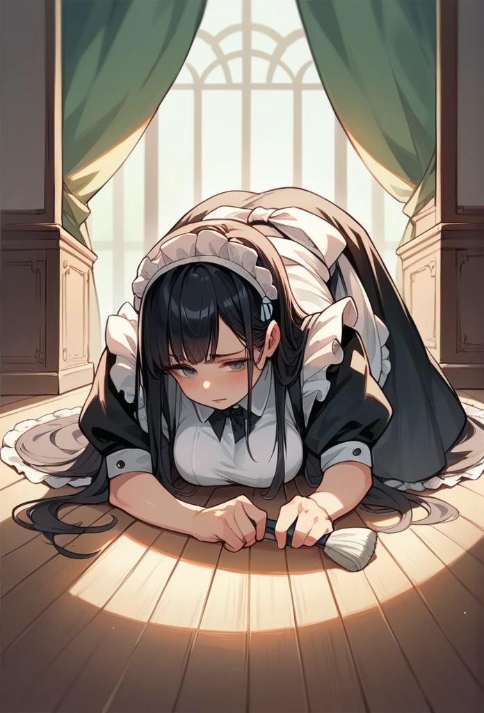 A beautiful maid is cleaning, bending over the floor, dark hair