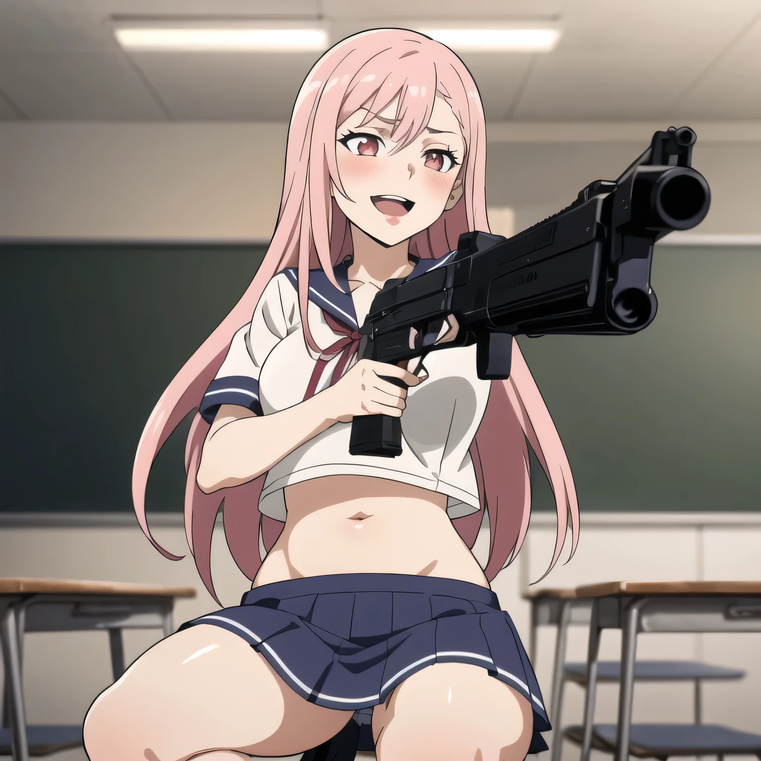 2girl, two girls, long hair ,large breasts, blush, lipstick, long hair, crazy eyes ,masterpiece, best quality, highly detailed, a anime girls in sailor uniforms with a gun posing for a picture, evil smile, smile, open mouth,black_serafuku, ecchi anime style, anime girls , ecchi style, ecchi, shipgirls, digital anime art!!, high school girls, holding a gun, hold a gun, anime style 4 k, micro skirt, exposed belly, exposed navel, exposed midriff, exposed lower belly,school, classroom,