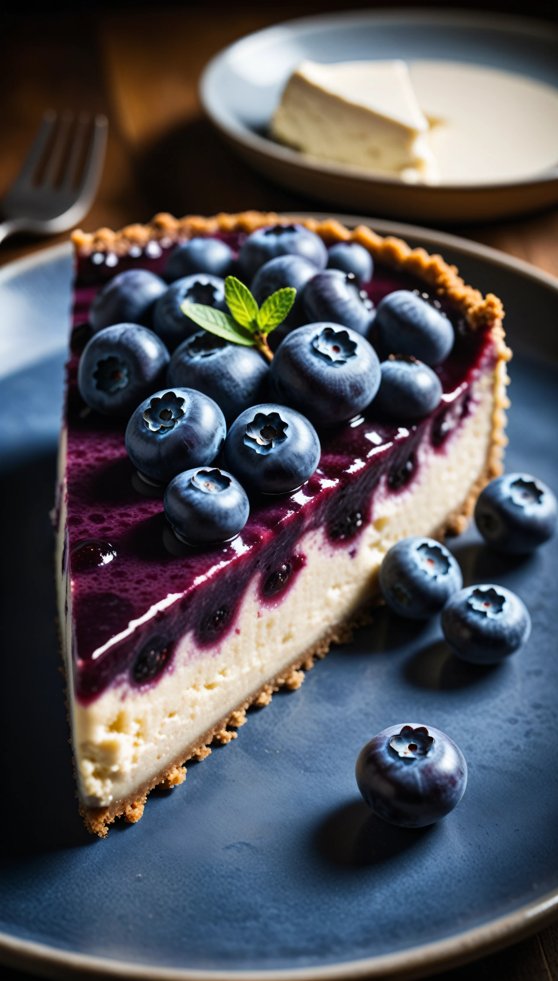 Documentary RAW Photography,a Blueberry Cheesecake, highlighting its exquisite, lacy texture and impeccable balance. The composition should evoke an irresistible urge to taste, with every detail crafted to inspire both amateur and seasoned cooks, (sharpness in detail:1.1), masterpiece, 35mm photograph, (iconic photograph:1.4), (visual storytelling:1.2), film grain, award winning photography,vibrant use of light and shadow, high quality textures of materials, volumetric textures  perfect composition, dynamic play of light, rich colors, epic shot, perfectly quality, natural textures,high detail, photoshadow, (natural colors, correct white balance, color correction, dehaze),(intricate detailed), 8k