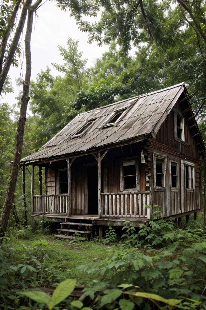An old, decaying cabin with broken windows and overgrown vines partially visible through the trees