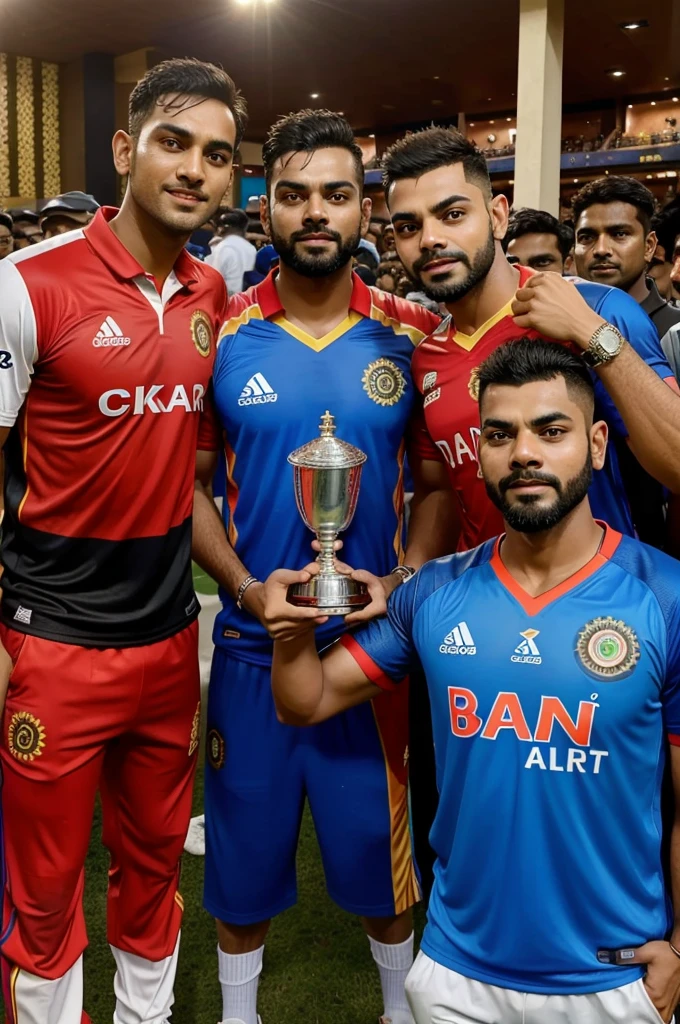 create a realistic image where a 20 Years old IPL fan Young Boy Wearing RCB Team's Jersey With Name “Ayush” is written on it, boy standing with dhoni and 11 player with red jersey and Virat Kohli take a ipl trophy, The boy is holding a iphone 15 pro max mobile and taking a selfie with him, indian Flags are Flying in the Back of them And Have Many cricket Supporters there, 3D art painting Realistic photo.
