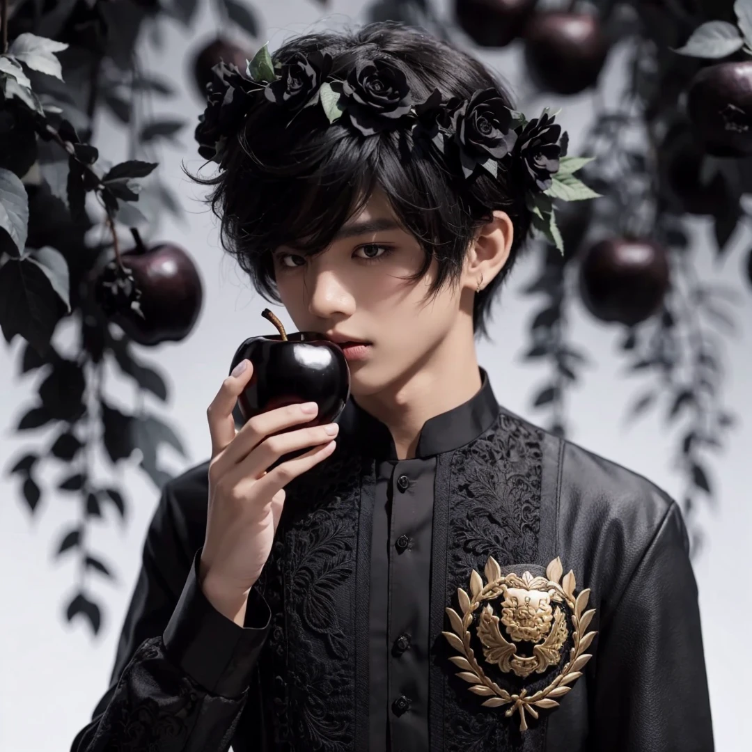 Handsome boy, black hair, brown eyes, wearing black barong tagalog, wearing black flower crown, holding black apple