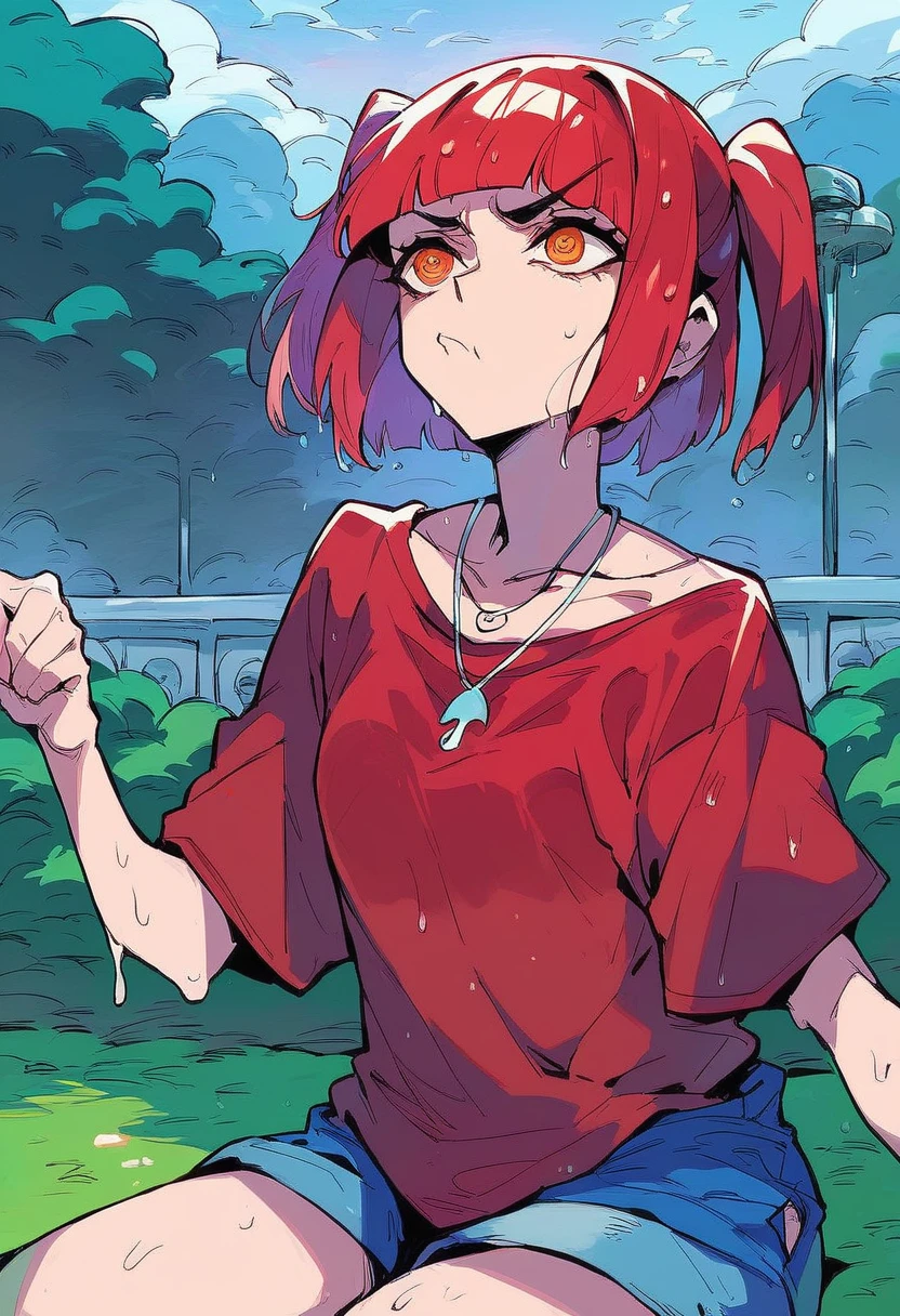 score_9, score_8_up, score_7_up,expressive eyes,1 girl, bob cut,blunt bangs,white and red hair,orange eye, swirly eyes,necklace,two side up,red shirt, loose shirt, denim shorts,in park, closed mouth, :t, pout, mad ,thunderstorm,wet