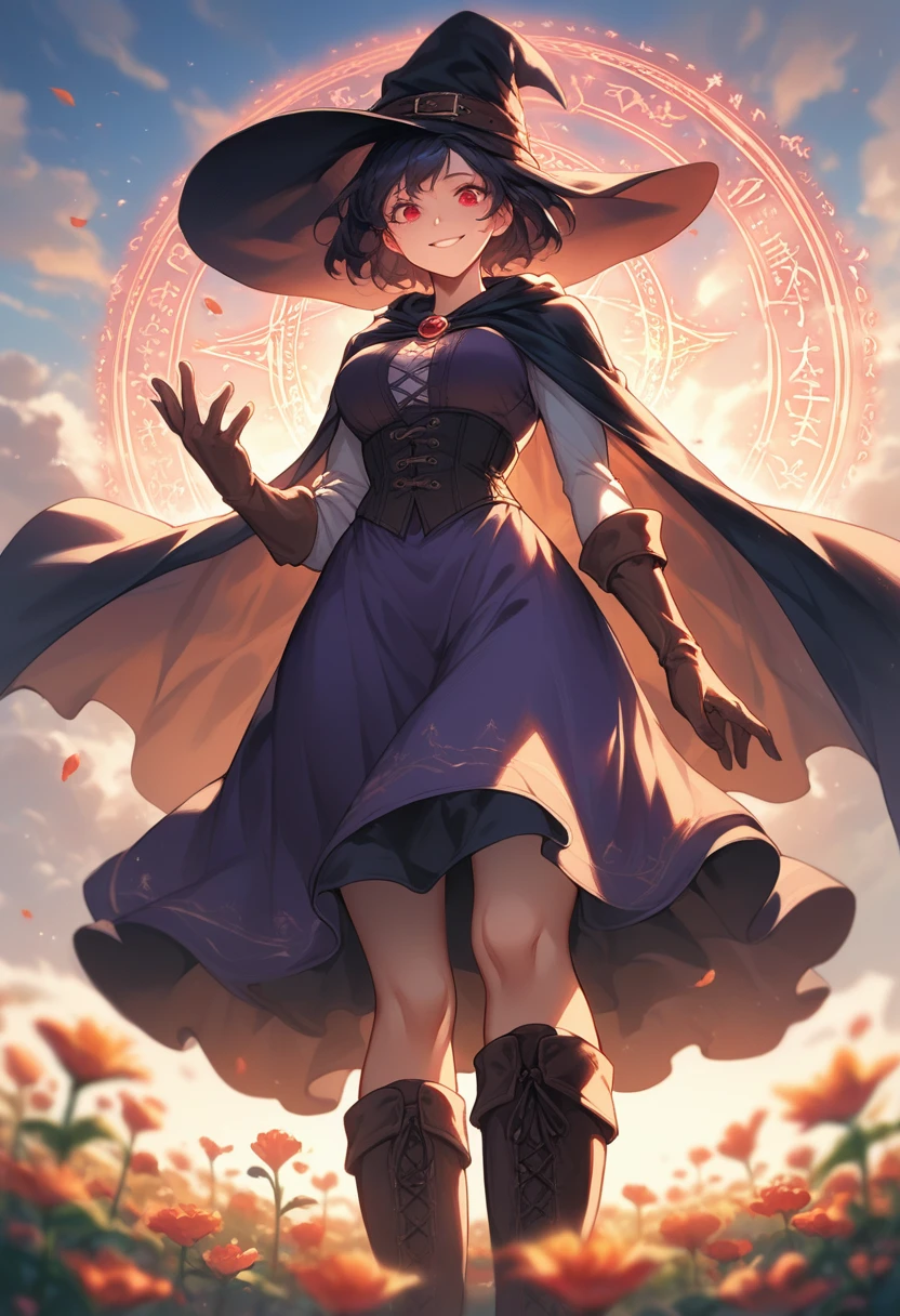 score_9, score_8_up, score_7_up,source_anime. Portrait image. Soft anime tones, depth of field, looking at viewer. Low angle view. Looking over shoulder. Beautiful 1woman. Mage. Magic circle. Flowing cloak, tunic, gloves, skirt, corset, boots. Highly detailed face, short hair, highly detailed red eyes. Curvy. Open field of flowers. Blurred background. Sunset. Natural light enhancing contours of her body... Sunrise. Sky is gradient blue and purple. Smile. . Clouds. Witch hat. Hand behind back