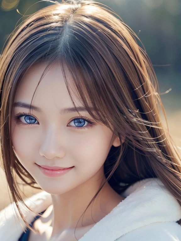 masterpiece、1 beautiful girl、Fine brown eyes、Puffy eyes、Highest quality, 超High resolution, (Reality: 1.4), Cinema Lighting、(Japanese)、Asian Beauty、Super Beauty、Beautiful Skin、Slender、View your viewers、Look straight ahead、(Surreal)、(High resolution)、(8K)、(Very detailed)、(Best illustrations)、(Beautiful and detailed eyes)、Blue Eyes,(Ultra-detailed)、 (wallpaper)、Detailed face、Bright lighting、Professional Lighting、Smile a little、
