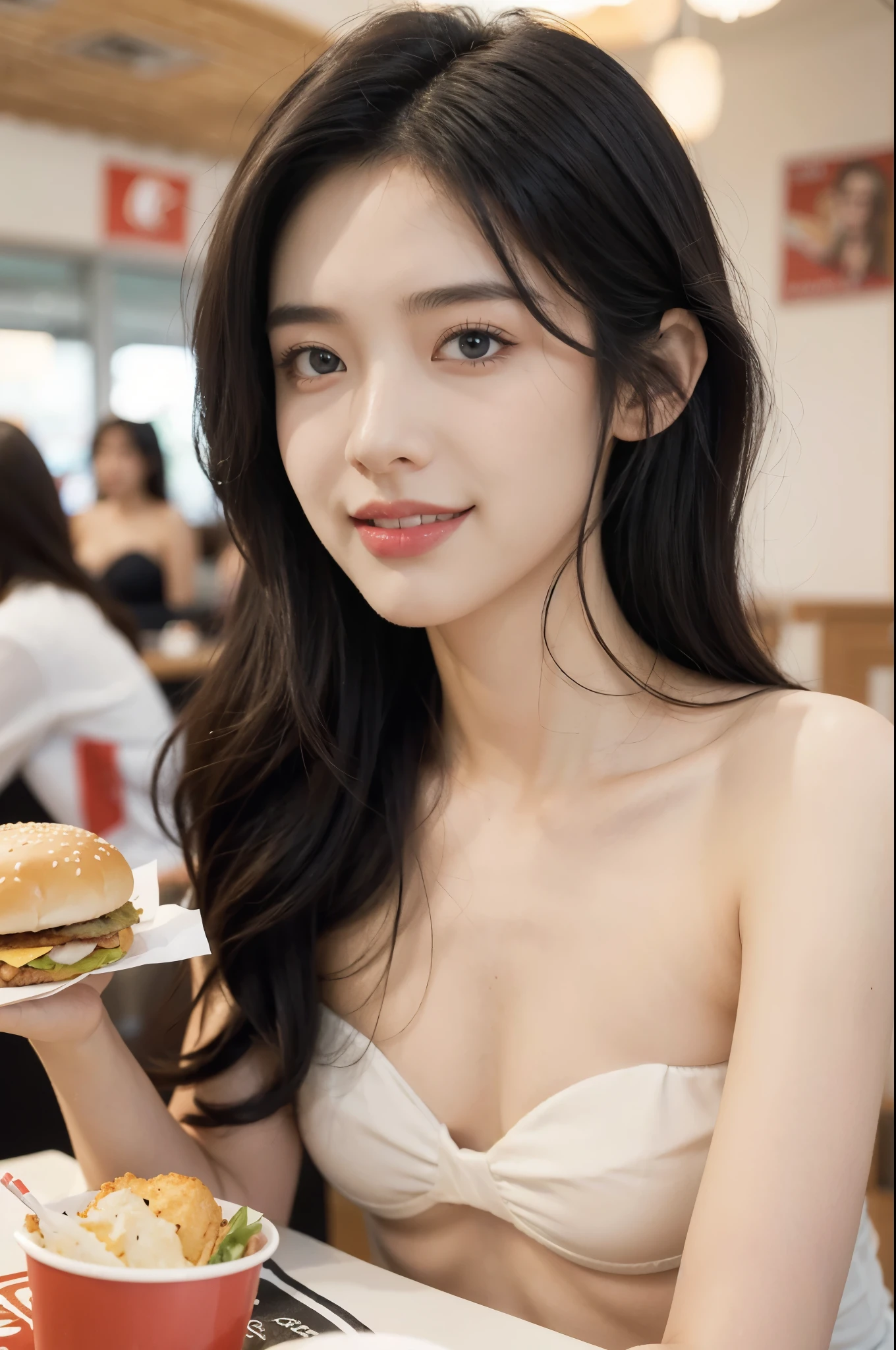(((best quality))),(((ultra detailed))),(((masterpiece))),illustration,((1girl,solo)),(straight black bob hair:1.2),((slim,thin)),((small breasts,flat chest)),sitting,(in KFC:1.3), (burgers and drink on the table:1.2),((strapless white bra)), clean, fresh, bright face, sparkling eyes, rosy cheeks, beautiful smile, white teeth, neatly combed hair,sexiness,visible, natural, carefree,bustling restaurant, other customers, enjoying meals, chatting, bright lighting, warm atmosphere, joy, relaxation, cute appearance, carefree attitude, visually appealing, heartwarming,((close-up of face,from front))