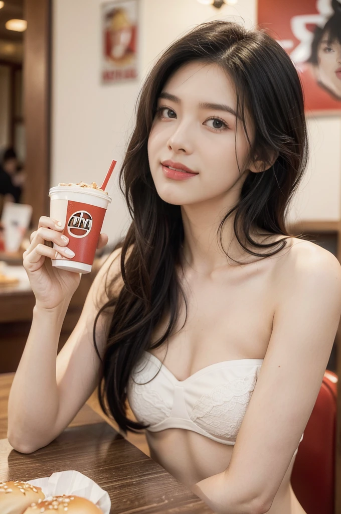 (((best quality))),(((ultra detailed))),(((masterpiece))),illustration,((1girl,solo)),(straight black bob hair:1.2),((slim,thin)),((small breasts,flat chest)),sitting,(in KFC:1.3), (burgers and drink on the table:1.2),((strapless white bra)), clean, fresh, bright face, sparkling eyes, rosy cheeks, beautiful smile, white teeth, neatly combed hair,sexiness,visible, natural, carefree,bustling restaurant, other customers, enjoying meals, chatting, bright lighting, warm atmosphere, joy, relaxation, cute appearance, carefree attitude, visually appealing, heartwarming,((close-up of face,from front))