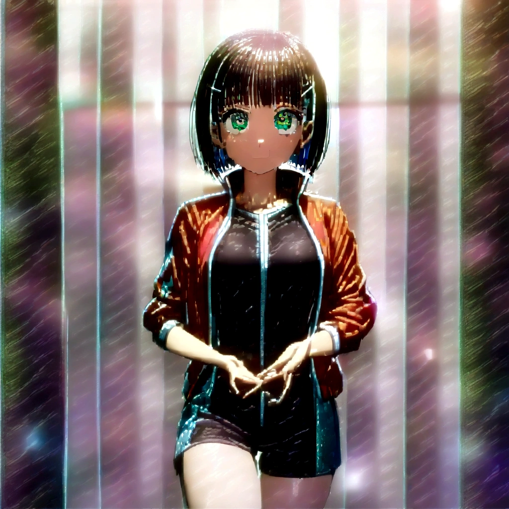 sexual harassment, Kirigaya Suguha, short hair, black fur, hair ornament, Hair clip, (green eyes:1.3),
jacket ROMPER, Bermuda, short Bermuda, blue Bermuda, sport jacket, dolphin Bermuda, gym Bermuda, (Red jacket:1.2), shirt, (black shirt:1.2),
REST outdoors, nature, forest, sun, sky,
REST looking at the viewer, (cowboy shot:1.5),
BREAK (Masterpiece:1.2), Best Quality, alta resunución, unity wallpaper 8k, (illustration:0.8), (Beautiful detailed eyes:1.6), extremely detailed face, perfect lighting, Extremely detailed CG, (perfect hands, perfect anatomy),