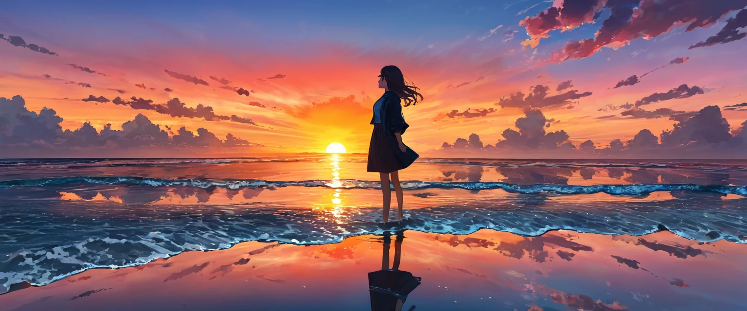 girl standing, ocean, sunset, water mirror, sky reflection, looking up to the sky, ultra detailed, official art, masterpiece, illustration
