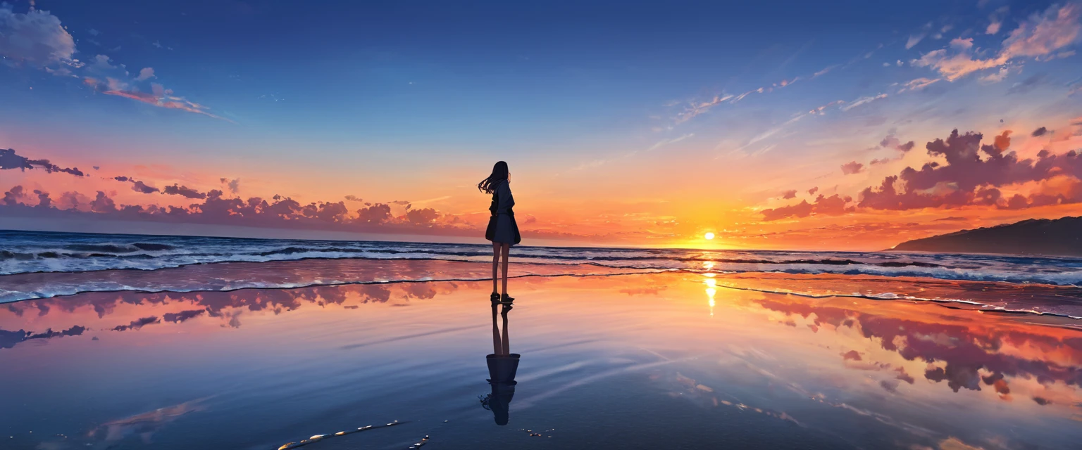 girl standing, ocean, sunset, water mirror, sky reflection, looking up to the sky, ultra detailed, official art, masterpiece, illustration