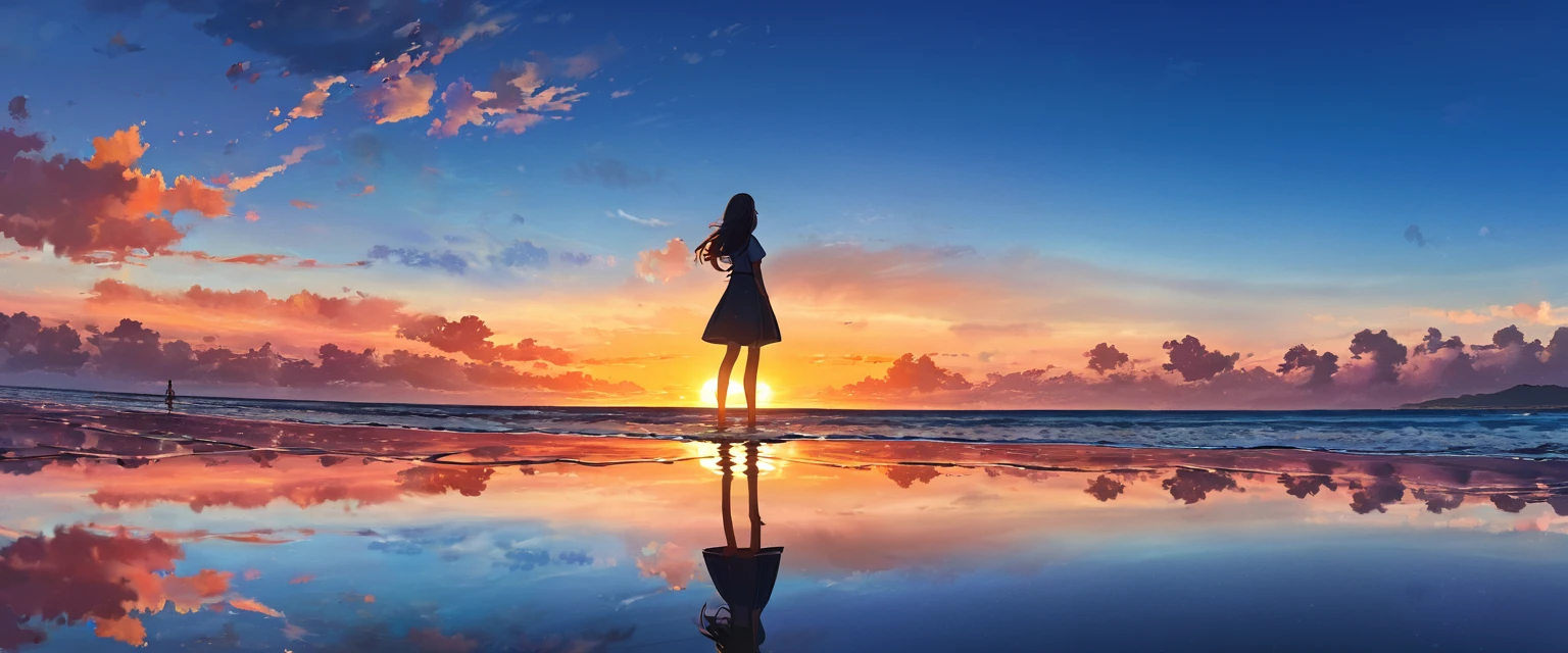 girl standing, ocean, sunset, water mirror, sky reflection, looking up to the sky, ultra detailed, official art, masterpiece, illustration
