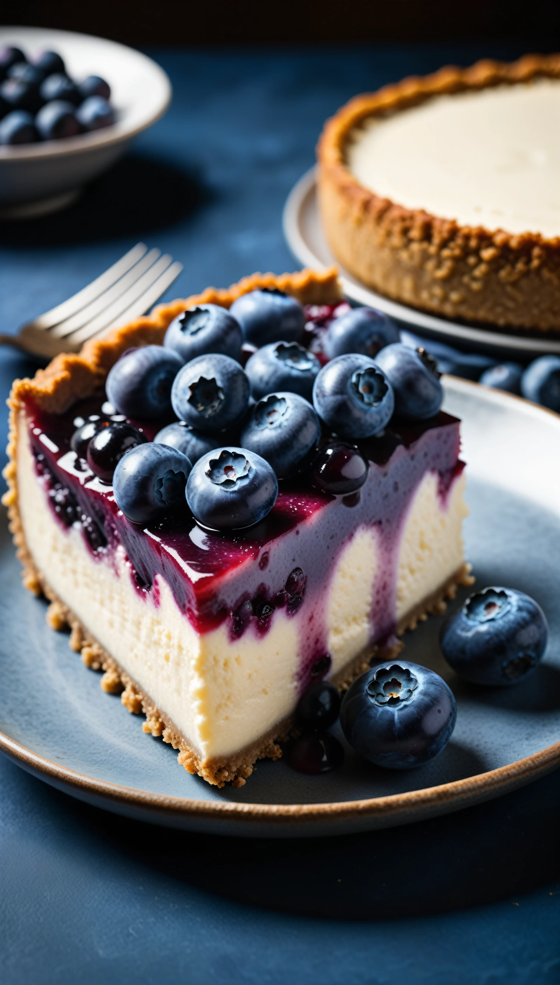 Documentary RAW Photography,a Blueberry Cheesecake, highlighting its exquisite, lacy texture and impeccable balance. The composition should evoke an irresistible urge to taste, with every detail crafted to inspire both amateur and seasoned cooks, (sharpness in detail:1.1), masterpiece, 35mm photograph, (iconic photograph:1.4), (visual storytelling:1.2), film grain, award winning photography,vibrant use of light and shadow, high quality textures of materials, volumetric textures perfect composition, dynamic play of light, rich colors, epic shot, perfectly quality, natural textures,high detail, photoshadow, (natural colors, correct white balance, color correction, dehaze),(intricate detailed), 8k