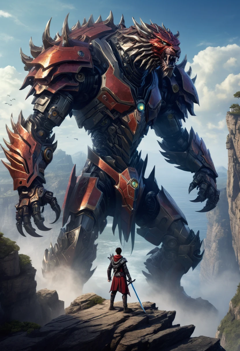Kael, now a young adult, standing atop a cliff, facing a giant mechanical beast with a sword in hand, his face a mix of fear and determination.