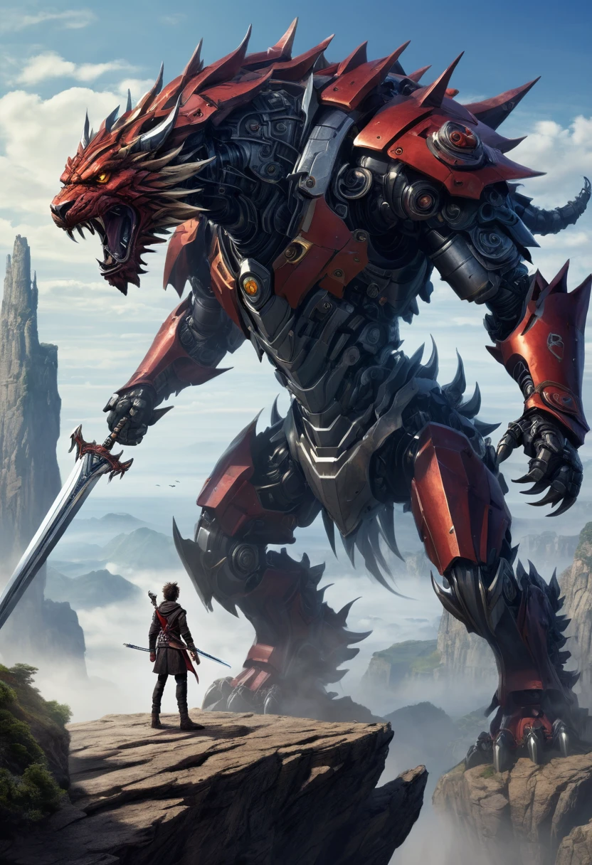 Kael, now a young adult, standing atop a cliff, facing a giant mechanical beast with a sword in hand, his face a mix of fear and determination.