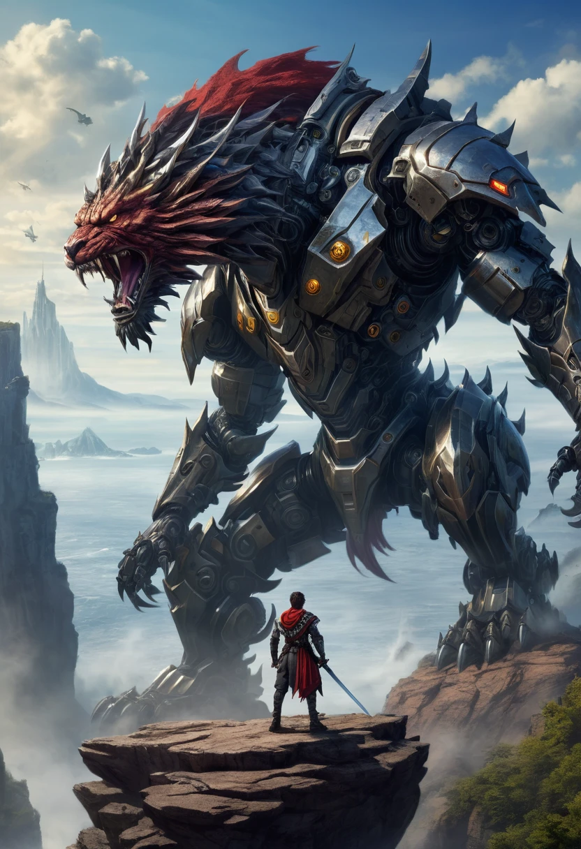 Kael, now a young adult, standing atop a cliff, facing a giant mechanical beast with a sword in hand, his face a mix of fear and determination.