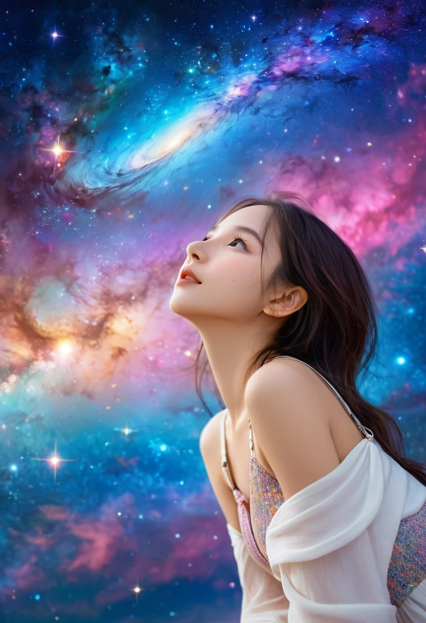 (realistic) A girl in cloud universe with shining stars and galaxy, wearing a (clean and elegant) dress, surrounded by (vibrant and colorful), light particles surround, heaven opens into the swirls of galaxy. Her (beautiful detailed) eyes and (beautiful detailed) lips. The dress is made of a light material. The girl's hair flows down in (loose and natural) curls, adding to her (gentle and carefree) appearance. She is holding a glowing orb that has swirls of colors. The overall image is of (best quality, highres) with (ultra-detailed) textures and (realistic) colors. The color palette dreamy and ethereal atmosphere. The lighting is soft, casting subtle shadows. 8k cinematic, volumetric lighting, golden ratio