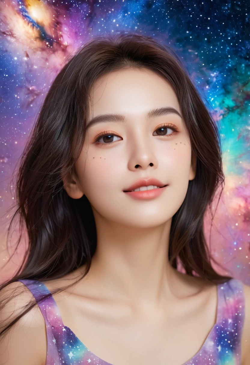High Detail, Super Detail, Ultra-high resolution, Girl enjoying time in fantasy galaxy, Surrounded by stars, The warm light shines on her, Background is starry sky,There are colorful galaxies and galaxy clouds, Stars flew around her, Delicate face, Add joy to the atmosphere ,