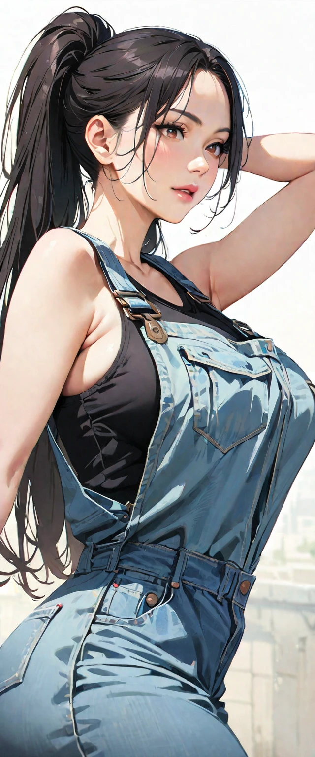 40 years old,1 mature woman,hyperrealistic, 8k, (extremely detailed 8k), (very delicate and beautiful), (masterpiece), (better quality:1.0), (ultra high resolution:1.0), (masterpiece, best quality),cute,black hair,big breasts,ponytail,POV,overalls,full body,white background,arched back