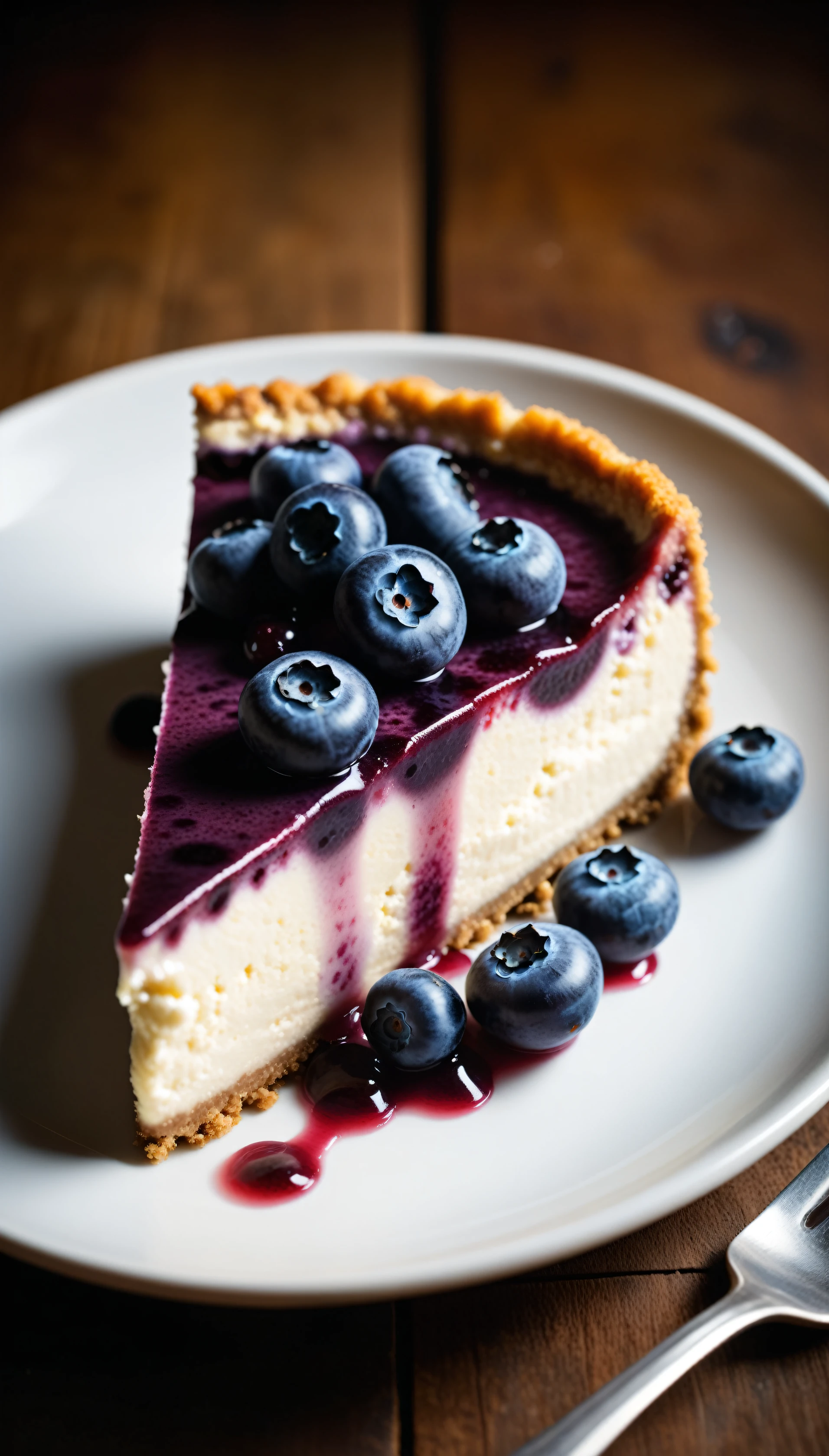 Documentary RAW Photography,a Blueberry Cheesecake, highlighting its exquisite, lacy texture and impeccable balance. The composition should evoke an irresistible urge to taste, with every detail crafted to inspire both amateur and seasoned cooks, (sharpness in detail:1.1), masterpiece, 35mm photograph, (iconic photograph:1.4), (visual storytelling:1.2), film grain, award winning photography,vibrant use of light and shadow, high quality textures of materials, volumetric textures perfect composition, dynamic play of light, rich colors, epic shot, perfectly quality, natural textures,high detail, photoshadow, (natural colors, correct white balance, color correction, dehaze),(intricate detailed), 8k