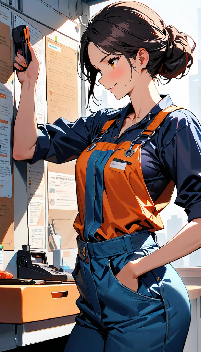 (Highest quality:1.2, Very detailed, up to date, Vibrant, Ultra-high resolution, High Contrast, masterpiece:1.2, Highest quality, Best aesthetics), Beautiful female mechanic, sexy, Work clothes, Overalls, Best Body Line, Beautiful attention to detail, A professional and confident smile, Detailed facial features, Elegant hairstyle, Power tools, detailed machine, The job description on the wall, neatly organized desk, Precision work, Adorable,