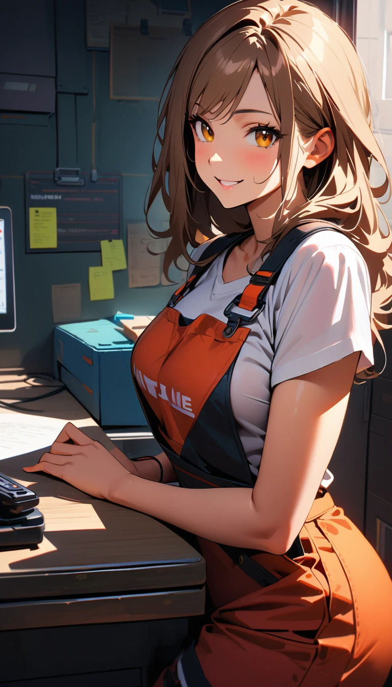 (Highest quality:1.2, Very detailed, up to date, Vibrant, Ultra-high resolution, High Contrast, masterpiece:1.2, Highest quality, Best aesthetics), Beautiful female mechanic, sexy, Work clothes, Overalls, Best Body Line, Beautiful attention to detail, A professional and confident smile, Detailed facial features, Elegant hairstyle, Power tools, detailed machine, The job description on the wall, neatly organized desk, Precision work, Adorable,