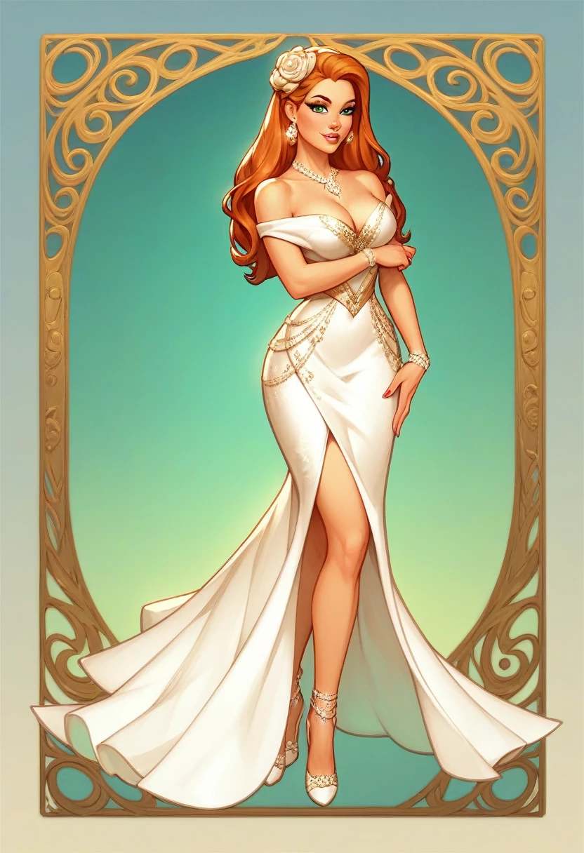 mulher extremamente linda, standingn, frente, on a beautiful street with lots of palm trees and vegetation, ((grass green eyes)), (((perfect eye))), (((redhead))), ((red)) Evening gown, in a stunning setting, skyscraper on the ground in the background, beautiful city, fim de tarde, live lighting, cores vivas