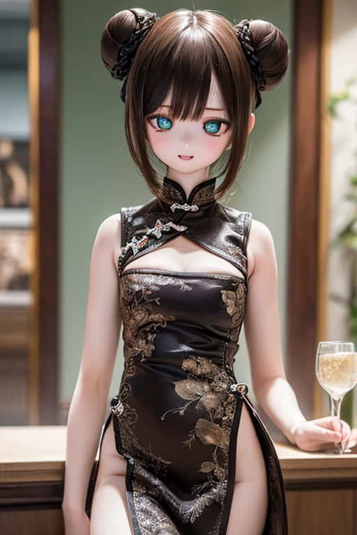 (SFW:2), photorealistic, realistic photo, 8k, ((highest quality)), ((masterpiece)), (extremely detailed), kukolnydom, doll, (mature woman, 19yo, 19 years old:1.6), solo, ((cowboy shot, parted lips, green eyes, brown hair)), double buns, (plastic skin, looking at another, glass eyes, shining eyes, detailed eyes, detailed face:1.3), china dress, qipao, chinese room