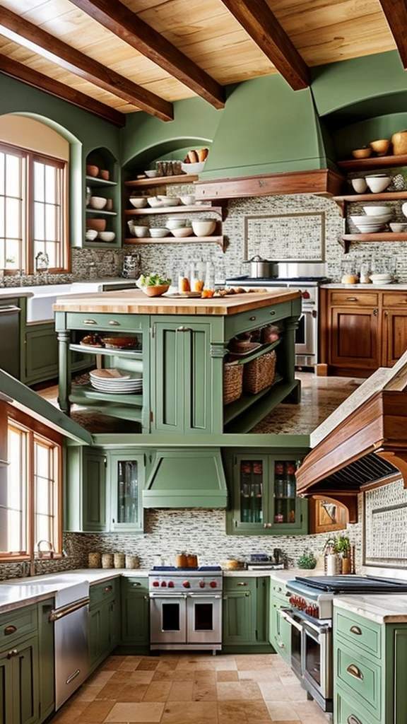 Generate a Mediterranean-style kitchen with warm wooden cabinets, terracotta tile flooring, and hand-painted ceramic backsplash. Include open shelving with wrought iron brackets, a rustic farmhouse sink, and a large wooden island with bar seating. The color scheme should include earthy tones like burnt orange, olive green, and deep blue. Ensure the entire image depicts a single, cohesive kitchen without being divided into multiple sections.