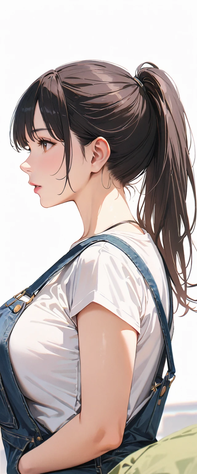40 years old,1 mature woman,hyperrealistic, 8k, (extremely detailed 8k), (very delicate and beautiful), (masterpiece), (better quality:1.0), (ultra high resolution:1.0), (masterpiece, best quality),cute,black hair,big breasts,ponytail,POV,overalls,full body,white background,arched back