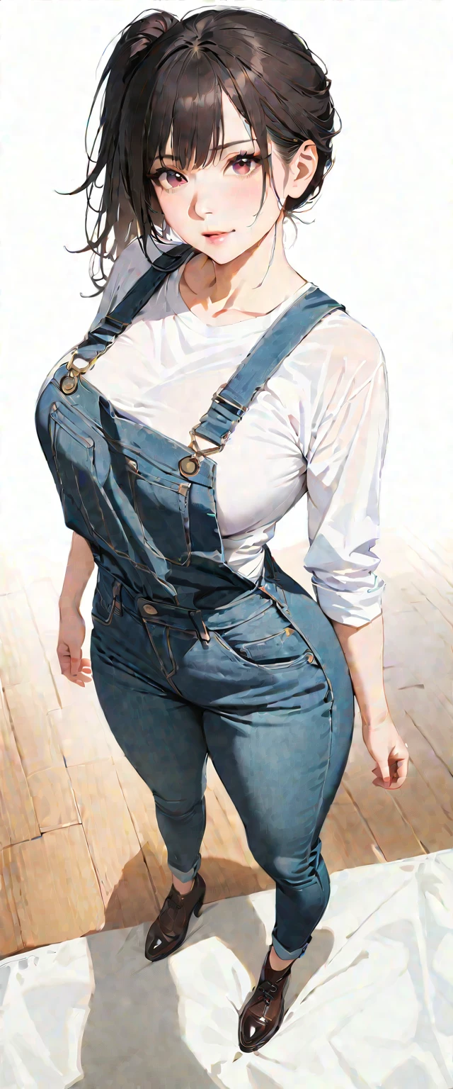 40 years old,1 mature woman,hyperrealistic, 8k, (extremely detailed 8k), (very delicate and beautiful), (masterpiece), (better quality:1.0), (ultra high resolution:1.0), (masterpiece, best quality),cute,black hair,big breasts,ponytail,POV,overalls,full body,white background,arched back
