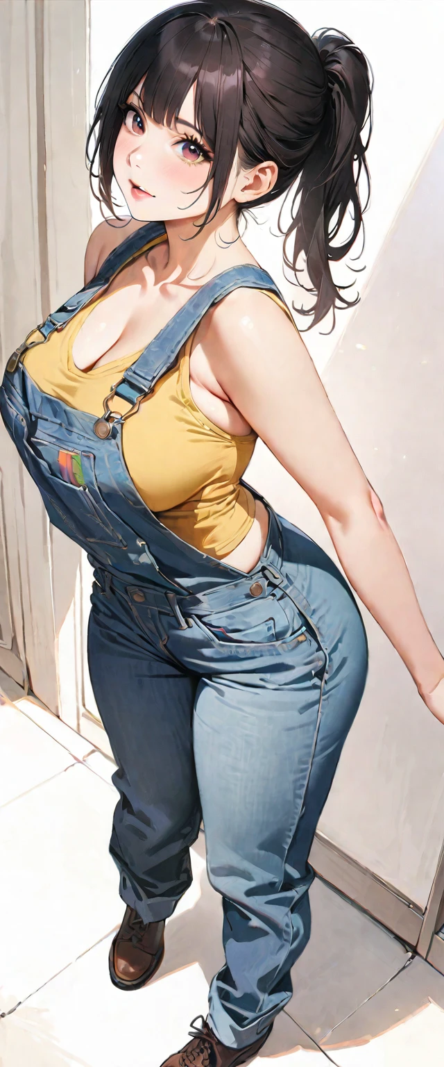 A Rosie the Riveter-inspired pin-up, her outfit and pose echoing the iconic image, set against a backdrop of a 1940s factory, the scene a vibrant, engaging homage to the women who worked on the home front during WWII.