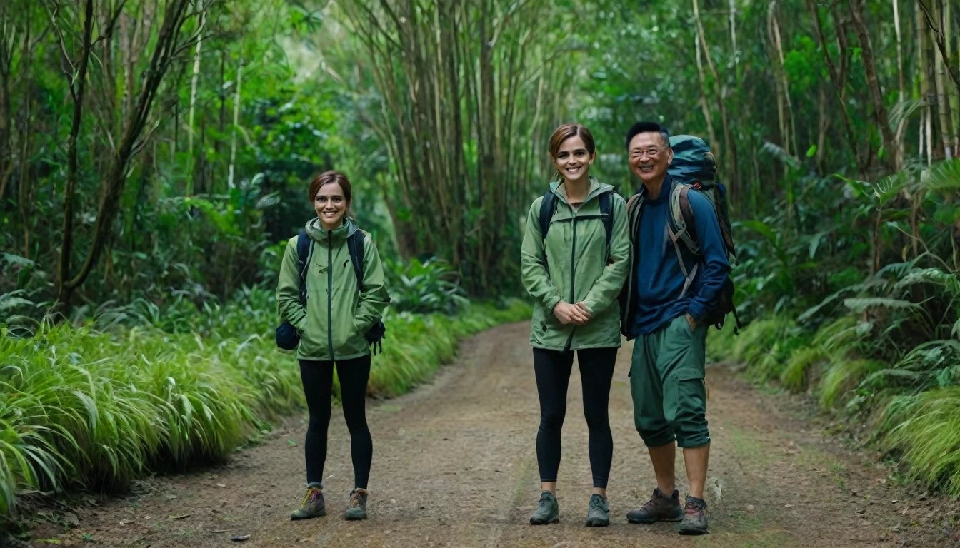 Emma Watson and a Adult Chinese male in full body shot is standing in the forest smiling with road and grass at the land and looking at the camera. They are wearing hiking clothes