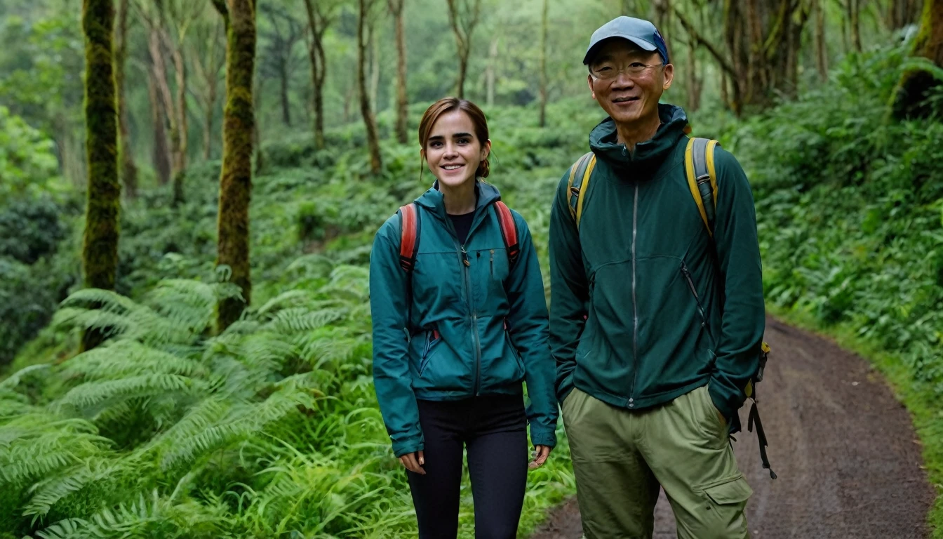 Emma Watson and a Adult Chinese male in full body shot is standing in the forest smiling with road and grass at the land and looking at the camera. They are wearing hiking clothes