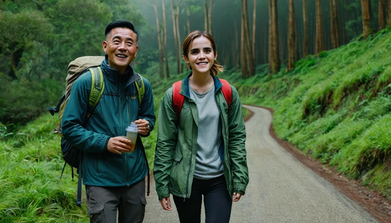 Emma Watson and a Adult Chinese male in full body shot is standing in the forest smiling with road and grass at the land and looking at the camera. They are wearing hiking clothes