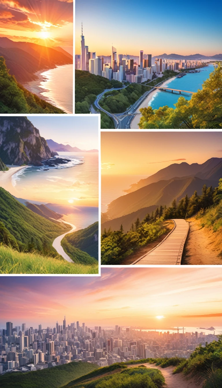 A montage of travel photos - city skyline, hiking trail, and beach sunset.