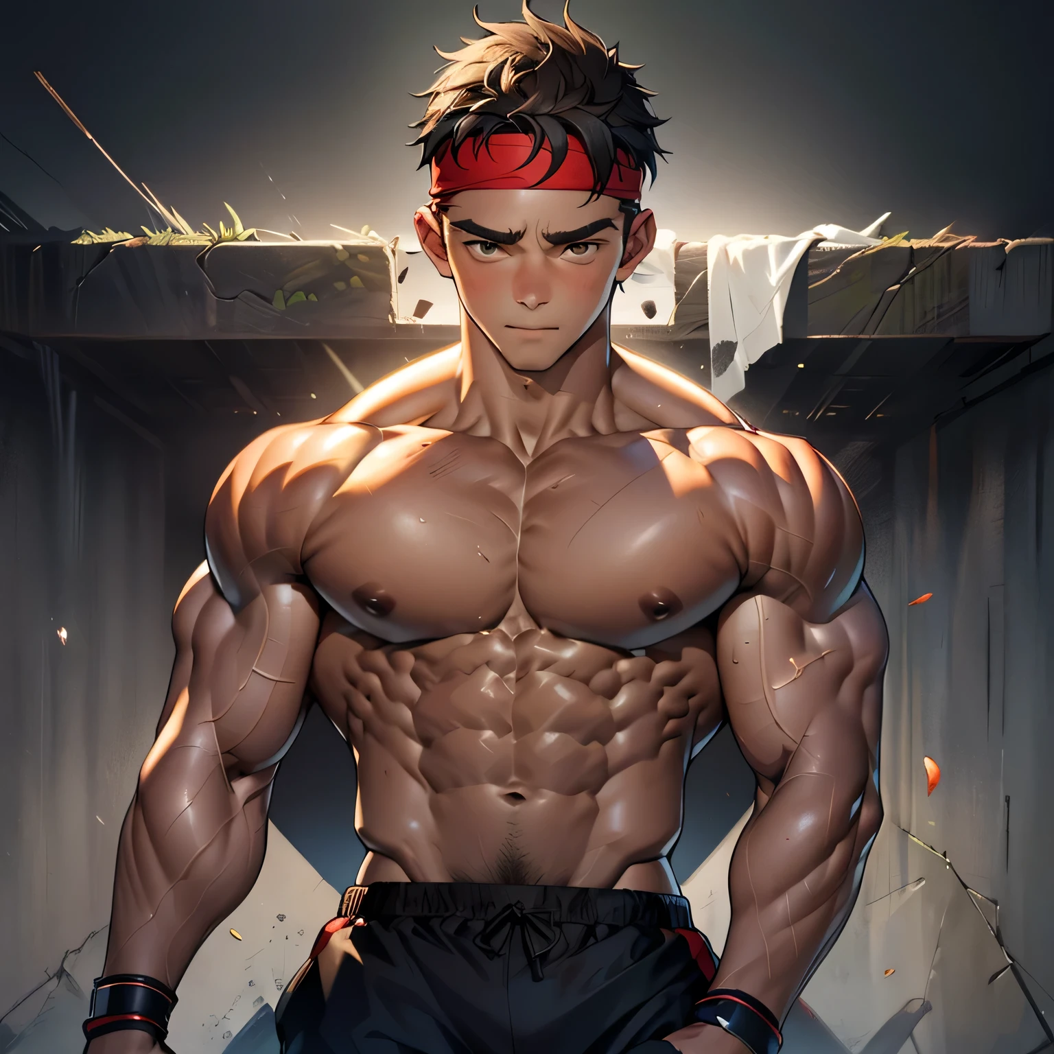 (Masterpiece, Best quality 17 year old boy, black background, ((shoot from front, spread arms))), Young, boy, muscler, Shirtless, (Dark Short straight hair, almost completely shaved hair, under cut, brown eyes), (red headband), ((hot Abs:1.2, big breast:1.2, upper arms, jacked muscle, beautiful musculature, aesthetic striations, inspirational physique, lean muscle, square pecs, beautiful v-taper, great abs and torso), Vivid colors, detailed face, detailed muscle, (rippling muscles), (((fighting pose)))