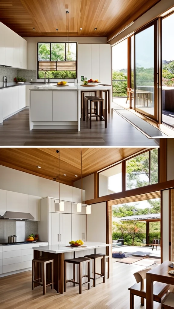 Generate a Japanese-style kitchen with light bamboo cabinets, shoji screen accents, and tatami mat flooring. Include a minimalist island with integrated seating, paper lantern lighting, and sliding doors. The countertops should be natural stone, and the color scheme should include neutral tones like beige, soft brown, and white. Ensure the entire image depicts a single, cohesive kitchen without being divided into multiple sections.