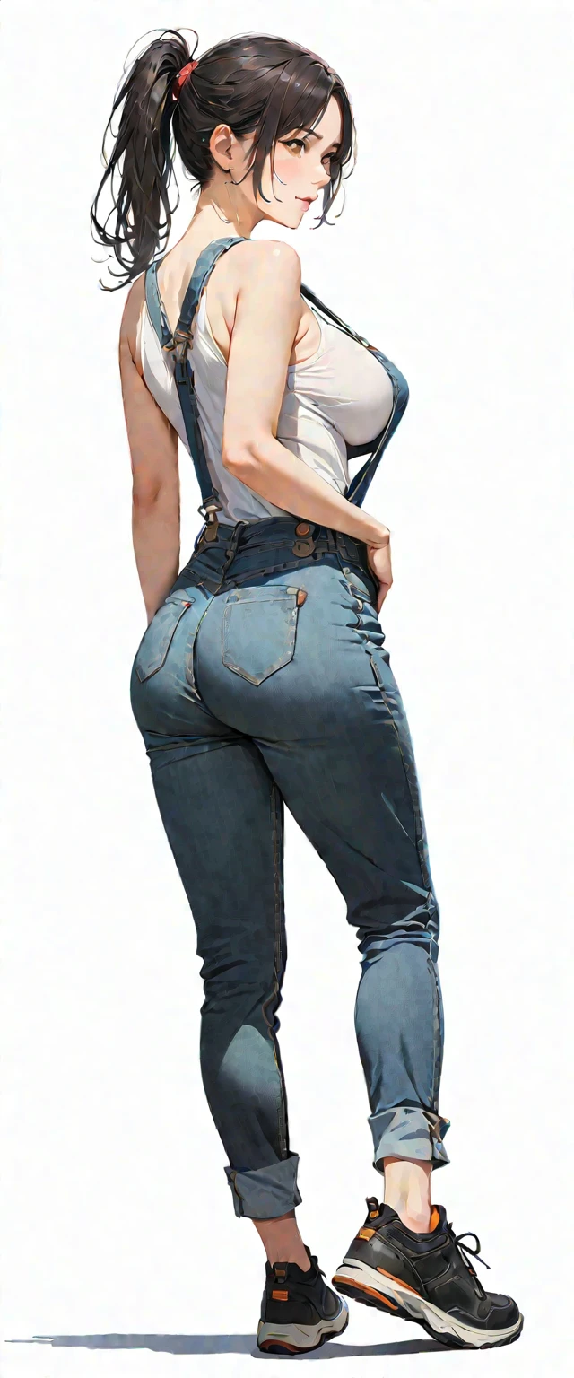 40 years old,1 mature woman,hyperrealistic, 8k, (extremely detailed 8k), (very delicate and beautiful), (masterpiece), (better quality:1.0), (ultra high resolution:1.0), (masterpiece, best quality),cute,black hair,big breasts,ponytail,POV,overalls,full body,white background,arched back