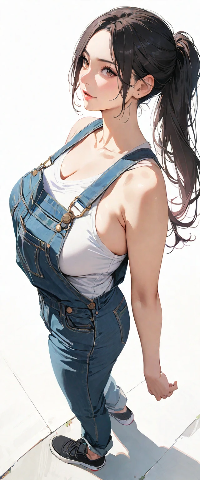 40 years old,1 mature woman,hyperrealistic, 8k, (extremely detailed 8k), (very delicate and beautiful), (masterpiece), (better quality:1.0), (ultra high resolution:1.0), (masterpiece, best quality),cute,black hair,big breasts,ponytail,POV,overalls,full body,white background,arched back