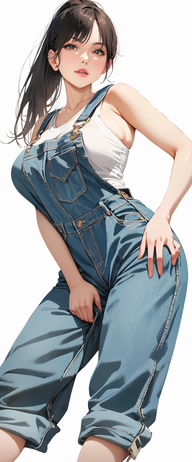 40 years old,1 mature woman,hyperrealistic, 8k, (extremely detailed 8k), (very delicate and beautiful), (masterpiece), (better quality:1.0), (ultra high resolution:1.0), (masterpiece, best quality),cute,black hair,big breasts,ponytail,POV,overalls,full body,white background,arched back