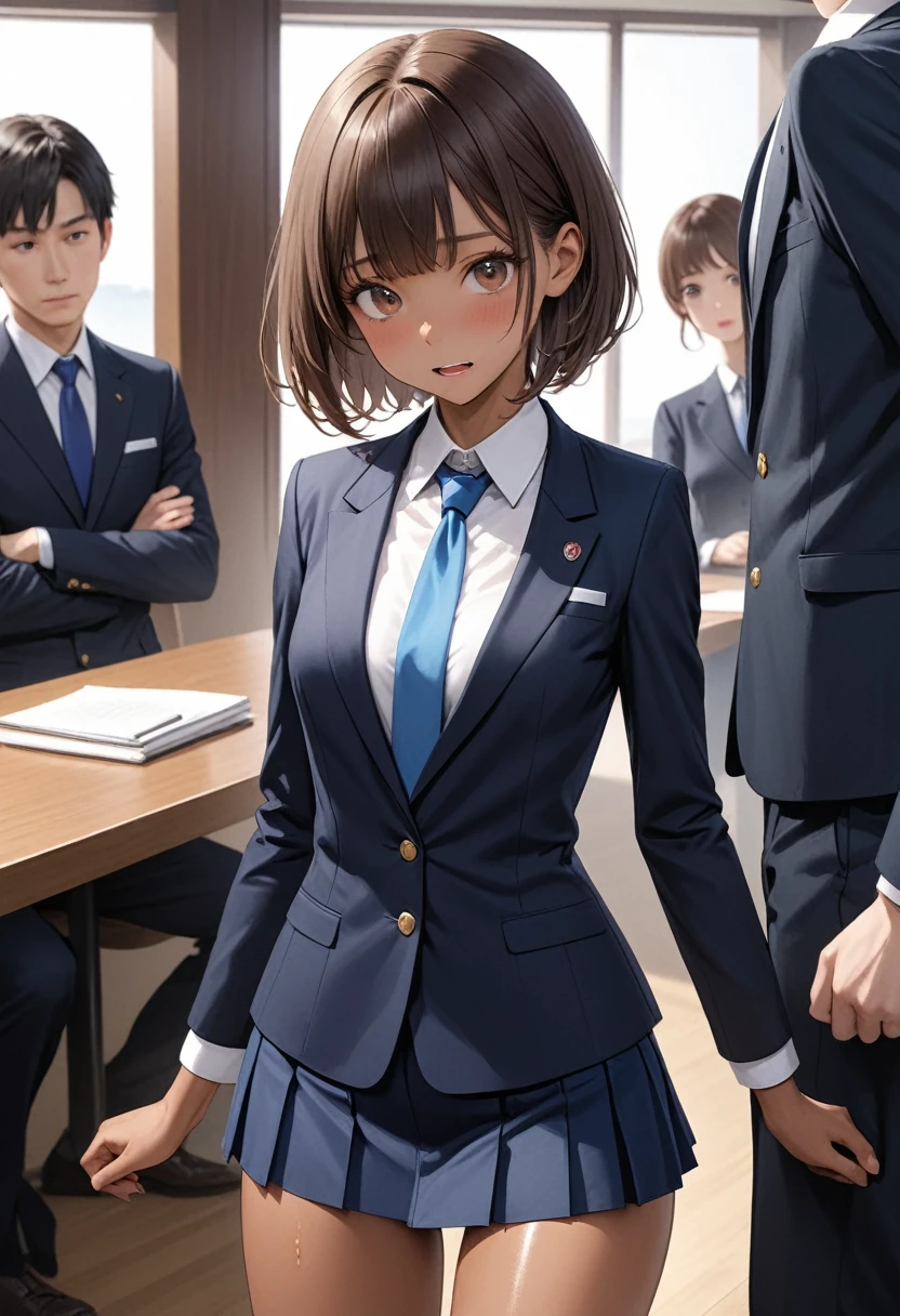 (masterpiece,Highest quality:1.3,best quality illustration,realistic),cowboy shot,1woman,20 year old Japanese beauty,((very small head:1.3)),brown short bob hair,bangs,brown eyes,gorgeous eyes,blush,smile,small breasts,((very long body:1.3)),((toned body,slender body,skinny,tan skin)),(navy uniform、Dark blue blazer jacket、White Shirt、Navy blue tie、Navy blue tight skirt),gleaming skin,shiny skin,sweat,standing,Naval Base、