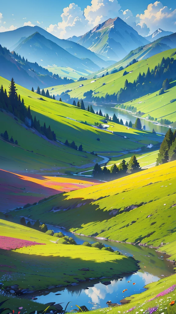 a breathtaking landscape, lush meadow, rolling hills, serene lake, majestic mountains, golden sunset, fluffy clouds, vibrant wildflowers, detailed foliage, natural lighting, photorealistic, cinematic composition, rich color palette, dramatic shadows and highlights, (best quality,4k,8k,highres,masterpiece:1.2),ultra-detailed,(realistic,photorealistic,photo-realistic:1.37),landscape