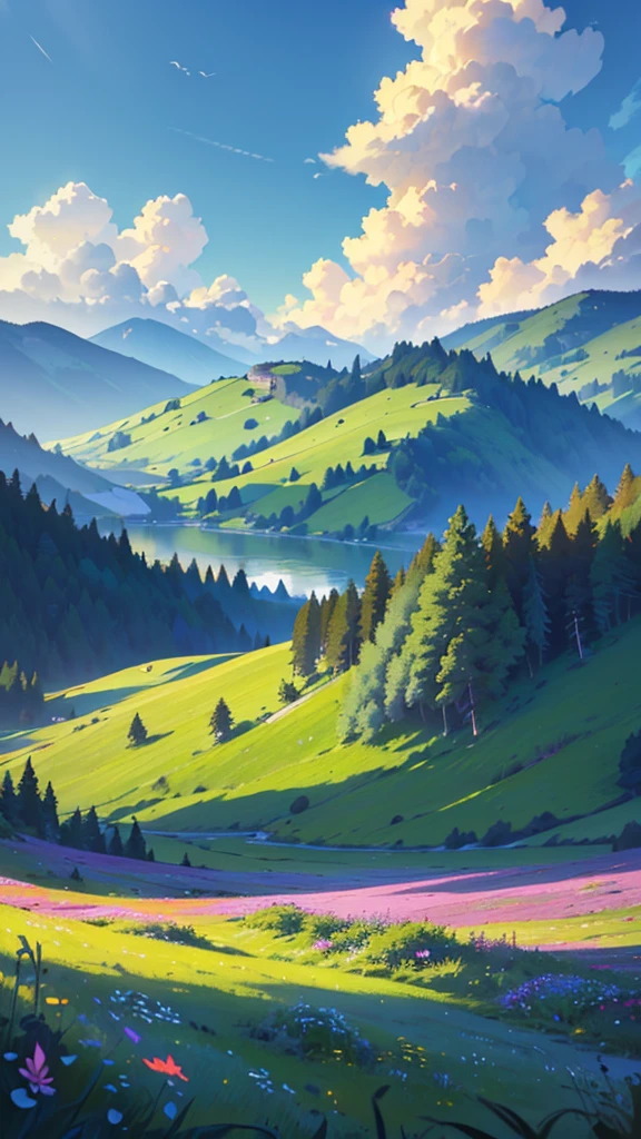 a breathtaking landscape, lush meadow, rolling hills, serene lake, majestic mountains, golden sunset, fluffy clouds, vibrant wildflowers, detailed foliage, natural lighting, photorealistic, cinematic composition, rich color palette, dramatic shadows and highlights, (best quality,4k,8k,highres,masterpiece:1.2),ultra-detailed,(realistic,photorealistic,photo-realistic:1.37),landscape