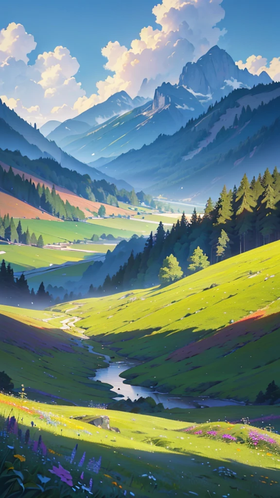 a breathtaking landscape, lush meadow, rolling hills, serene lake, majestic mountains, golden sunset, fluffy clouds, vibrant wildflowers, detailed foliage, natural lighting, photorealistic, cinematic composition, rich color palette, dramatic shadows and highlights, (best quality,4k,8k,highres,masterpiece:1.2),ultra-detailed,(realistic,photorealistic,photo-realistic:1.37),landscape