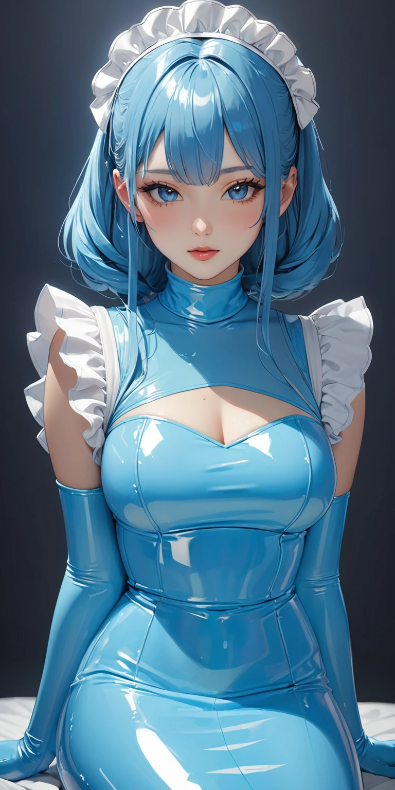 Portraiture、(masterpiece,Highest quality,Ultra-high resolution),Japanese women, (((Very beautiful 25 year old girl))),(Bright blue latex maid outfit)、((Bright blue latex long skirt))、(A light blue long-sleeved latex shirt covering the upper body)、Bright blue latex gloves、Bright blue latex socks、(Bright blue latex bodysuit)、Frills、The clothes fit perfectly、The light blue latex is very shiny.、Dark Room、